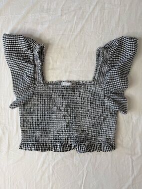Sincerely Jules Black White Gingham Puff Sleeve Smocked Crop Top Medium